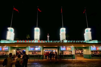 Hollywood Studios front gate at night