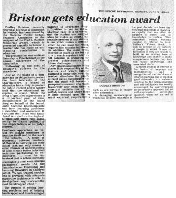 Dudley Bristow Wins Fred L Bartlett Memorial Education Award 1980