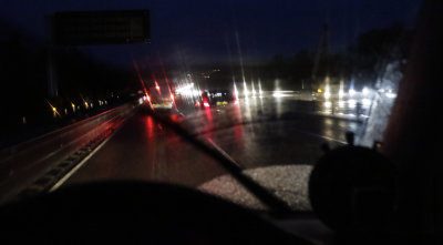 6.10am, on M23, heavy rain, heavy traffic, wish I were home in bed.