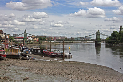 Hammersmith Bridge at low tide.