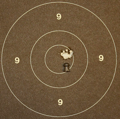 10 shots from a .22 air rifle at 25 yards.