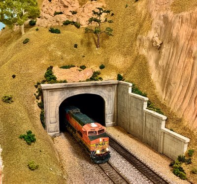 BNSF 7717 exiting the layout's only double track tunnel.