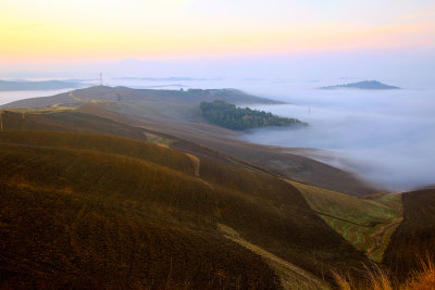 Hills in early morning mist