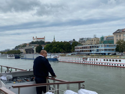 Captain of the ship looking out at Bratislava