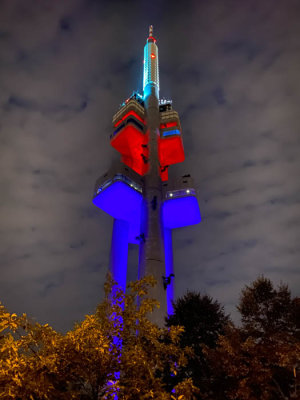 Zizkov TV tower with David Cerny sculptures
