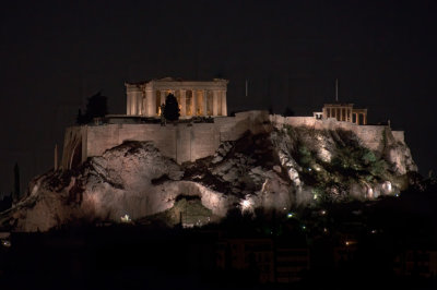 Athens: The Acropolis and Parthenon the first night from our hotel room window