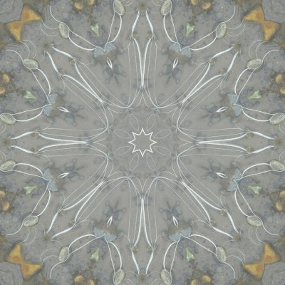 Kaleidoscopic picture created with an ice patch seen on an upaved path