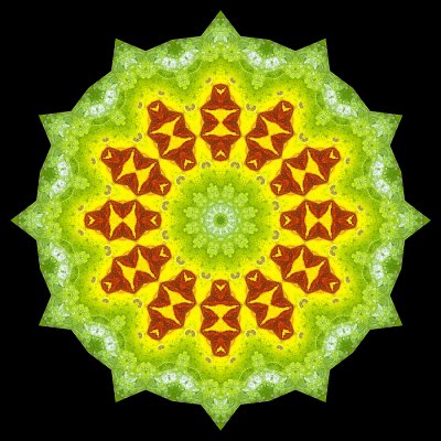 Evolved kaleidoscopic picture created with a leaf with small patches of snow seen in the forest