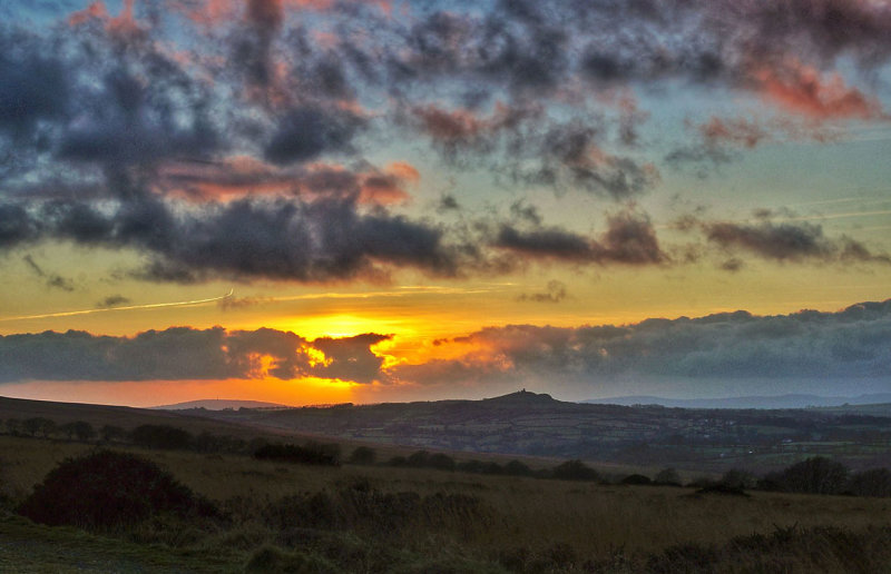 Winter sunset towards Kit Hill and Brentor from Willsworthy