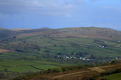 Peter Tavy in evening sunlight from Brentor