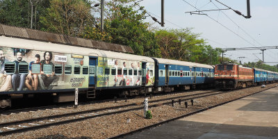 Two trains crossing at Irinjalakuda Train station