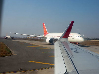 Air India Dreamliner behind us in the takeoff line at DEL airport