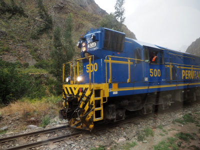 Passing a Perurail train on the way to Machu Picchu
