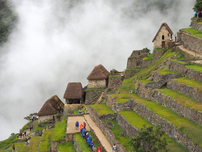 Agricultural terraces at Machu Picchu with guard houses