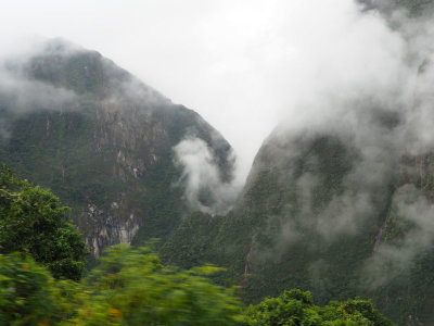 Early morning fog as the bug zigzags its way up Machu Picchu