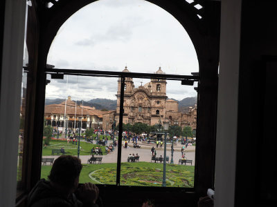 View of the Jesuit church from Mistura Grill in Plaza de Armas in Cusco