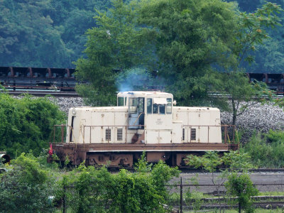A shunting locomotive in one of rail yards next to the track