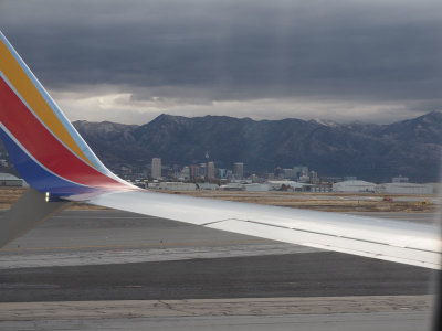Taxing out with Salt Lake City in the distance
