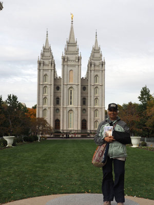 In front of the Mormon Temple in Temple Square