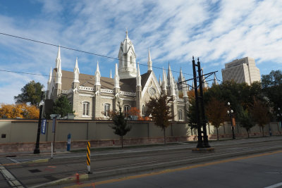 The border of Temple Square with the chapel behind the fence