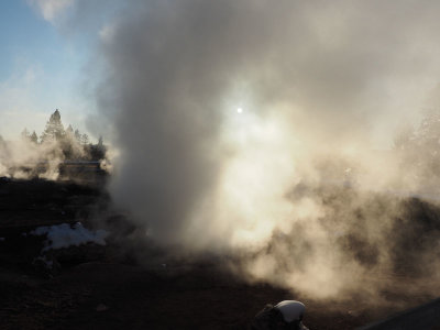 Evening sun through the rising steam