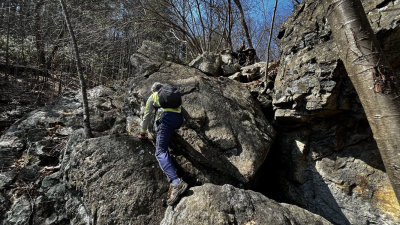 The old man (me!) climbing the rocks beside the waterfall