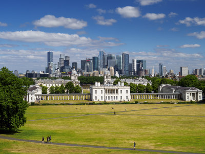 Old Royal Naval College Greenwich with Canary Wharf towers beyond.