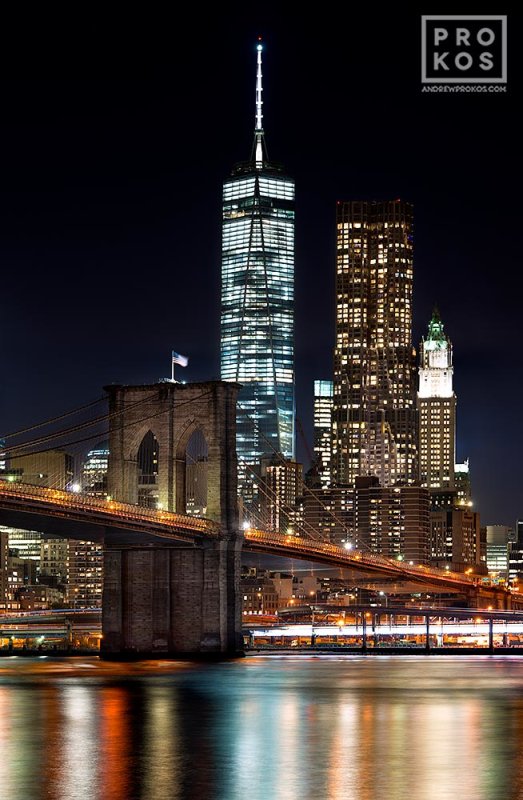 Brooklyn Bridge and World Trade Center at Night print from the New York City skylines and Brooklyn Bridge gallery.