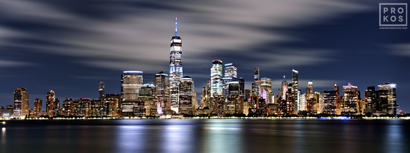 A Lower Manhattan long-exposure night panorama from the New York City skylines and World Trade Center gallery.