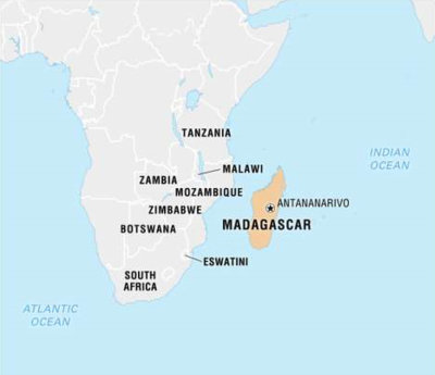 Madagascar 250 miles east of Africa