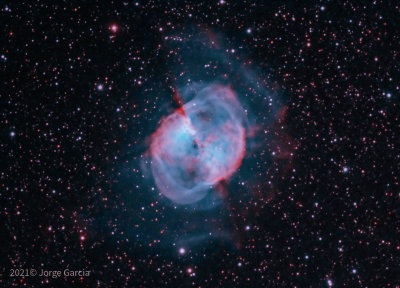 dumbell-m27 in pseudo RGB using Ha(R), OIII(G) and OIII(B)