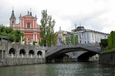 Church of the Annunciation and Triple Bridge in Ljubljana, Slovenia