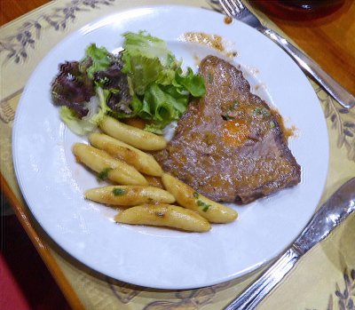 Beef and a kind of gnocchi for lunch in Cilipi, Croatia