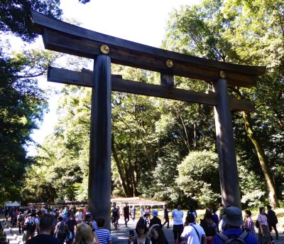 Second Torii Gate into Meji Shrinei is the biggest of its kind in Japan at 40 feet