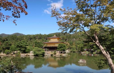 The Golden Pavilion is situated on a pond garden typical of the Muromachi period