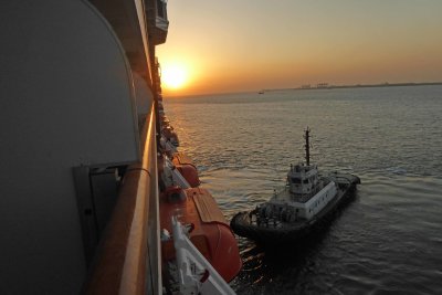 Arriving at the port of Tianjin, China at sunrise