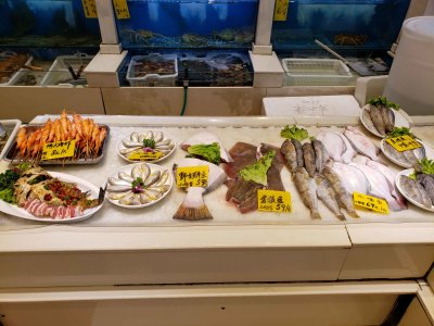 Fish available by the kilo at restaurant in Dalian, China