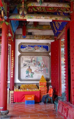 Selling items for sacrifice at Mazu Temple of Tianin, Taiwan