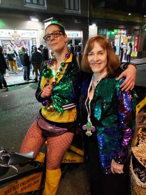 Pedicab driver and Susan with coordinated coats