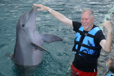 Striking a pose with Katie the dolphin