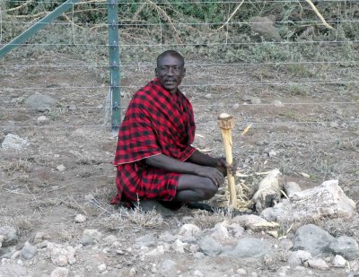 Maasai Warrior carving a Rungu (wooden throwing club)