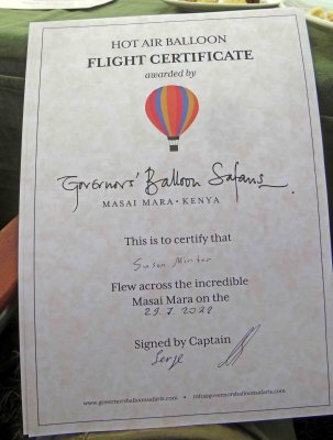 Susan's 2nd Hot Air Balloon Flight Certificate