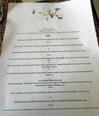 Menu for lunch at Gibbs Farm