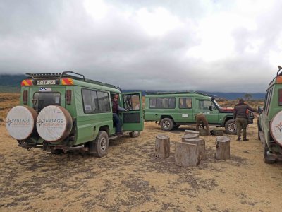 Vehicles formed for picnic lunch in Ngorongoro Crater