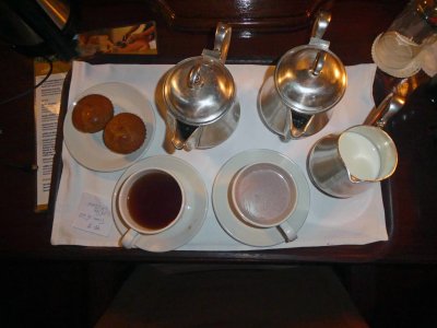 Tea, hot choclate, and muffins delivered to the tent each morning