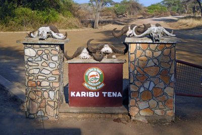 The sign says Welcome Again (to Serengeti National Park)