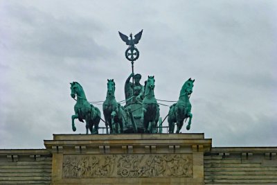 The  'Quadriga' depicts a statue of the goddess of victory driving a chariot pulled by four horses
