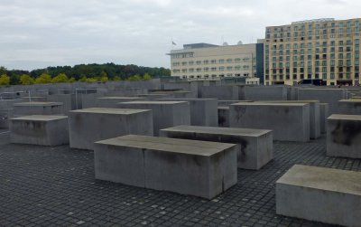 The Memorial to the Murdered Jews of Europe sits behind the United States Embassy