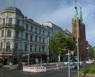 Block of flats built in 1868 in front of the Church of Saint Boniface in Berlin