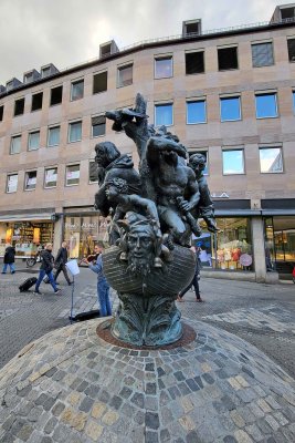 The 'Ship of Fools' dry-fountain sculpture sits in the historical center of Nuremberg